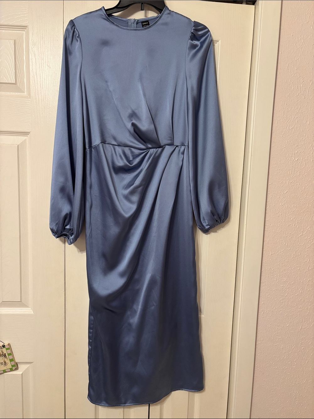 SHEIN Dusty Blue Satin Long-Sleeve Midi Dress